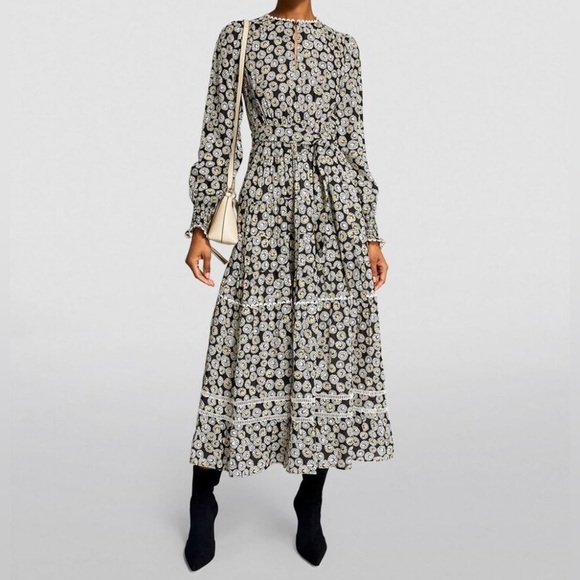 ME + EM wild chamomile tiered maxi dress large black white flowers long sleeve - Picture 1 of 11
